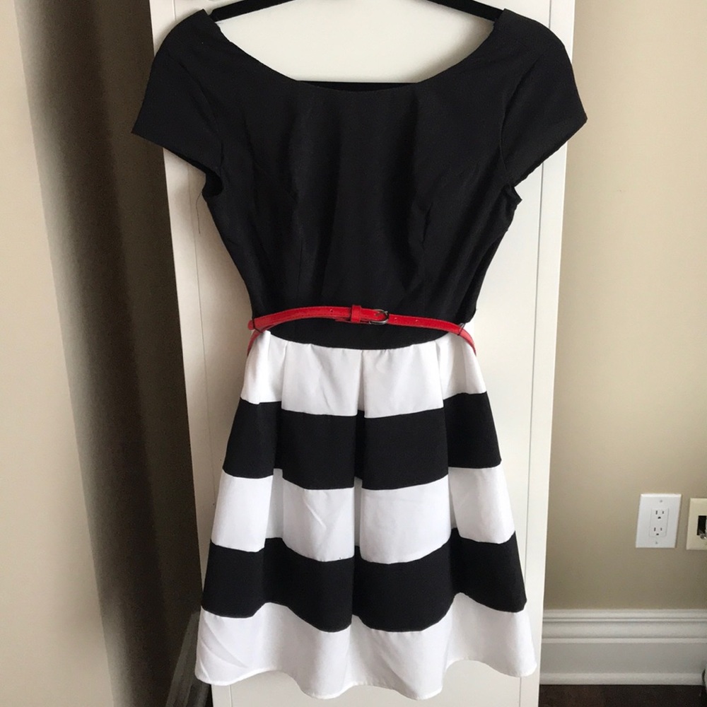 Black and White Striped with Red Belt Dress